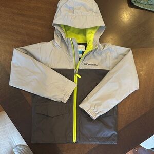 Boys Rain Jacket- Columbia Kids Hooded Raincoat - Light Gray and Neon Yellow
